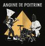 Text: "ANGINE DE POITRINE". Zwei stilisierte Musiker spielen Bass und Schlagzeug vor einem gelben Dreieck.