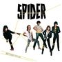 Text „SPIDER“ oben, „BETWEEN THE LINES“ unten. Fünf Personen posieren lässig, verbunden durch gelbe Linien.