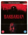 BARBARIAN, Limited-Edition Steelbook, 4K Ultra HD + Blu-ray. Rote und schwarze Farbtöne mit bedrohlichem Gesicht und Haus.