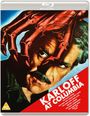 "KARLOFF AT COLUMBIA" steht in Weiß auf rotem Hintergrund. Ein Gesicht von einer roten Skelett-Hand umrahmt.