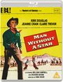 "Man Without a Star" in roter Schrift auf einem gelben Hintergrund. Ein Cowboy mit Pistole im Vordergrund; Cowboys und Pferde dahinter.