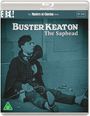 "Buster Keaton: The Saphead" in großen Buchstaben. Schwarz-Weiß-Foto eines Mannes in altmodischer Kleidung auf dem Boden sitzend.