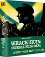 „WRACK AND RUIN: THE RUBBLE FILM AT DEFA“. Silhouette eines Mannes mit Hut vor gelbem Lichtstrahl.