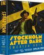 "STOCKHOLM AFTER DARK", "SWEDISH NOIR", "A Woman’s Face", "June Night". Illustration: Mann mit Hut und Pistole vor gelbem Hintergrund.