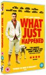Text: "What Just Happened", "A Film by Barry Levinson". Mann im Anzug mit buntem Hemd, Hund daneben; gelber Hintergrund.