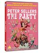 DVD-Cover mit Titeln "PETER SELLERS THE PARTY" und Zitat. Illustrierte Figuren feiern auf einem bunter Elefanten.