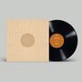 "Jazztronik" auf dem Albumcover. Schwarze Vinyl-Schallplatte mit orangefarbenem Label halb in Hülle mit Muster sichtbar.