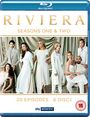 RIVIERA, SEASONS ONE & TWO. 20 EPISODES, 6 DISCS. Eine Gruppe elegant gekleideter Menschen in Weiß vor einem Vorhang.