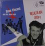 "Gene Vincent and his blue caps", "BLUEJEAN BOP!". Illustration: Schwarz-weißes Porträt und blaue Band-Silhouette.