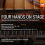 "FOUR HANDS ON STAGE" darüber zwei Pianisten an einem Erard-Klavier von 1853. Oben rechts ein schwarz-oranges Logo.