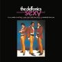Text: "the delfonics sound of sexy soul." Drei Männer in braunen Anzügen vor blauem Hintergrund, posierend.
