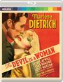 „Marlene Dietrich“ in Großbuchstaben. Darunter: „The Devil Is a Woman“. Illustration eines Paares im intimen Moment.