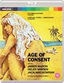 „Age of Consent“, Schauspieler: James Mason, Helen Mirren, Jack MacGowran. Illustration von Frau am Strand, Hund, Palme.