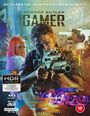 Texte: "GERARD BUTLER", "GAMER", "HDR", "Blu-ray", "3D", "ULTRA HD". Mann mit Waffe, Frau mit orangen Haaren, futuristisches Szenario.
