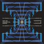 „DIN OF CELESTIAL BIRDS“ links, „TAKEOFFS & LANDINGS“ rechts. Grafik mit blauen und schwarzen geometrischen Mustern.