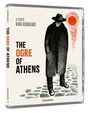 "The Ogre of Athens" in Schwarz und Orange. Illustration: Geheimer Mann mit Hut unter roter Sonne.