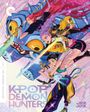 „KPOP DEMON HUNTERS“ in großen Buchstaben. Drei stilisierte Figuren mit Schwertern auf einem bunten, dynamischen Hintergrund.