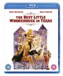 Blu-ray-Hülle mit Schriftzug "THE BEST LITTLE WHOREHOUSE IN TEXAS", obere Namen: Burt Reynolds, Dolly Parton. Kunstvolle Zeichnung.