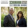 "Rubicon. Schumann, Gernsheim, Brahms. Violin Sonatas. Sophie Rosa, Ian Buckle. Zwei Personen stehen im Wald."