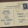 „MOZART STRING QUINTETS K.515 & K.593“, Kuss Quartett-Adressenlayout auf vintage Postkarte mit Mozart-Briefmarke.