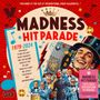 MADNESS HIT PARADE 1979-2024: Songs wie "OUR HOUSE", "IT MUST BE LOVE". Illustration mit fröhlichen Musikern und Retro-Mikrofon.