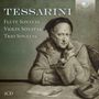 TESSARINI: Flute, Violin, Trio Sonatas; 3CD. Alte Person maltretisch, Violine und Papiere liegen vor ihr.