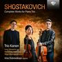 "SHOSTAKOVICH Complete Works for Piano Trio. Trio Kanon mit Violine, Cello, Klavier und Sopran. Drei Personen mit Instrumenten."