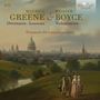 Maurice Greene und William Boyce Overtures, Lessons, Voluntaries. Gemälde einer idyllischen Flusslandschaft mit Stadtansicht.