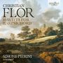 "Christian Flor: 10 Suites for Harpsichord, Simone Pierini, harpsichord" steht über einer ländlichen Landschaft mit Kirche.