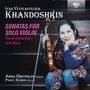 Text: "KHANDOSHKIN", "SONATAS FOR SOLO VIOLIN", "Anna Dmitrieva Violin", "Pavel Serbin Cello". Frau mit Geige lächelt.