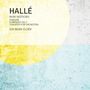 Text: "HALLÉ, HUW WATKINS: FANFARE, SYMPHONY NO.2, CONCERTO FOR ORCHESTRA, SIR MARK ELDER." Hintergrund: abstrakt, gelb-blau.
