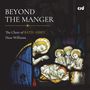 Text: "BEYOND THE MANGER", "The Choir of BATH ABBEY", "Huw Williams", "crd". 

Illustration: Eine Krippenszene aus einem Buntglasfenster.