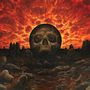 Illustration: Ein großer Totenkopf vor einem roten, feurigen Himmel dominiert die Szene mit einer apokalyptischen Landschaft.