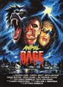 Text "Animal Rage" in gelber und roter Schrift. Oben dominieren Wolfsgesicht, zwei erschrockene Menschen. Unten Dorf bei Nacht.