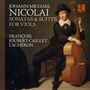 Text: "Johann Michael Nicolai: Sonatas & Suites for Viols. François Joubert-Caillet, L'Achéron."  
Illustration eines Musikers mit einer Gambe.