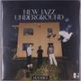 "NEW JAZZ UNDERGROUND. HOODIES". Drei Personen vor einem beigen Gebäude, eine Taube fliegt rechts.