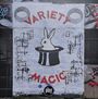 Text: "VARIETY MAGIC". Illustration eines Kaninchens in einem Zylinder, umgeben von grafischen Elementen.