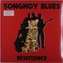 "SONGHOY BLUES" und "RÉSISTANCE" in schwarzem Text auf rotem Hintergrund. Schwarze Silhouetten mit einer Leopardenillustration.