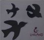 Text: "'E'ain UNLAND". Drei schwarze Vogel-Silhouetten auf grauem Hintergrund. Minimalistischer Stil.