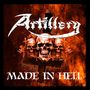 "Artillery" oben, "MADE IN HELL" unten. Drei Totenköpfe vor einem feurigen Hintergrund.