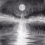 Illustration: Ein geisterhafter Umriss steht auf einem Fluss, umgeben von einem nebligen Wald unter einem leuchtenden Vollmond.