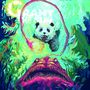 Ein Panda ist in einer bunten, surrealen Unterwasserszene mit leuchtendem Licht und einer riesigen Kreatur dargestellt.