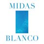 Text: "MIDAS BLANCO". In der Mitte ein blau strukturiertes Rechteck mit leichten Mustern.