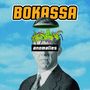 Text: „BOKASSA“ oben, „anomalies“ auf Balken vor Gesicht. Stilvolle Illustration: Mann im Anzug, buntes Monster über Kopf.