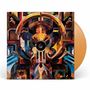 Eine bunte, abstrakte Illustration auf einem Vinyl-Cover, neben einer orangefarbenen Schallplatte.