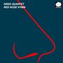 Oben links Text: "RØED QUARTET RED NOSE HYMN". Daneben ein Logo. Rote Linien bilden eine Nase auf dunkelblauem Hintergrund.