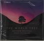 "The World Tree", Matthew Whittall, Robert Macfarlane. Silhouette eines Baums vor farbigem Abendhimmel, Hügellandschaft.