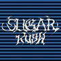 "SLUGAR KUSH" in einer stilisierten Schrift auf einem Hintergrund mit schwarzen und blauen Streifen.