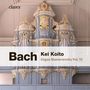 Text: Bach, Kei Koito, Organ Masterworks Vol. VI, claves. Bild: Prächtige, verzierte Orgel in einem klassisch gestalteten Raum.