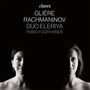 „claves“; GLIÈRE RACHMANINOV DUO ELERIYA PIANO FOUR HANDS. Zwei Frauenporträts, eine links, eine rechts, auf schwarzem Hintergrund.